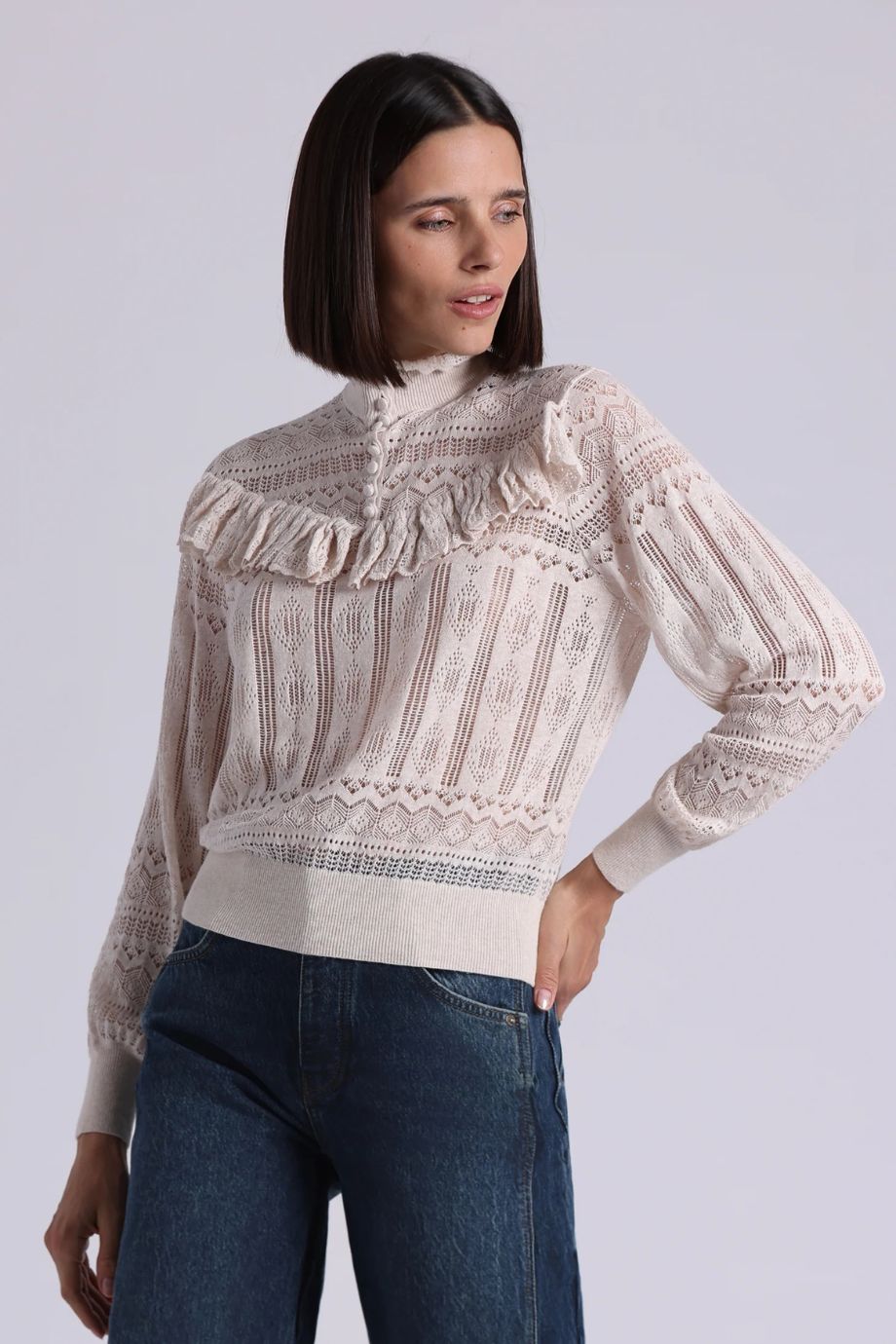 Mock Neck Lace Top With Ruffle Detail