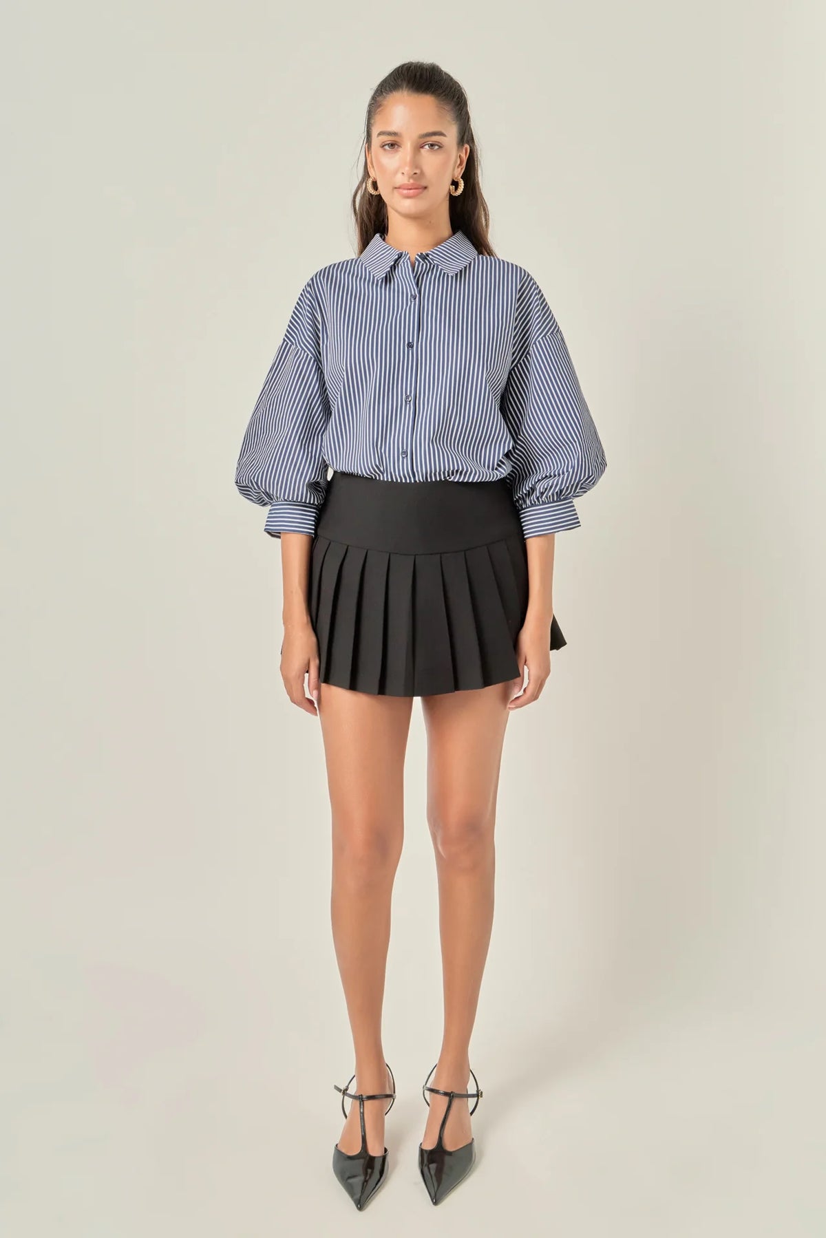 Alix Striped Balloon Sleeve Blouse Navy