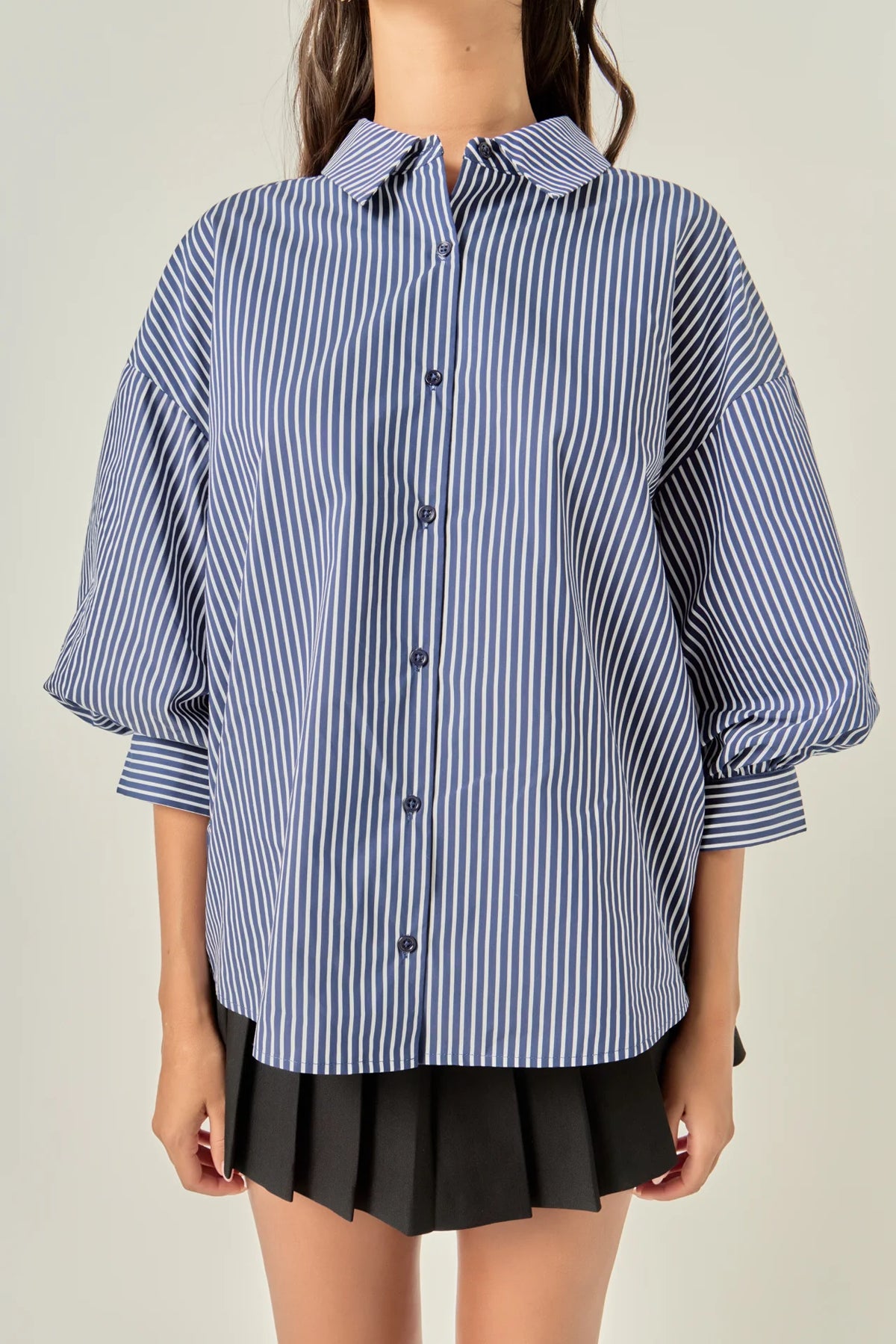 Alix Striped Balloon Sleeve Blouse Navy