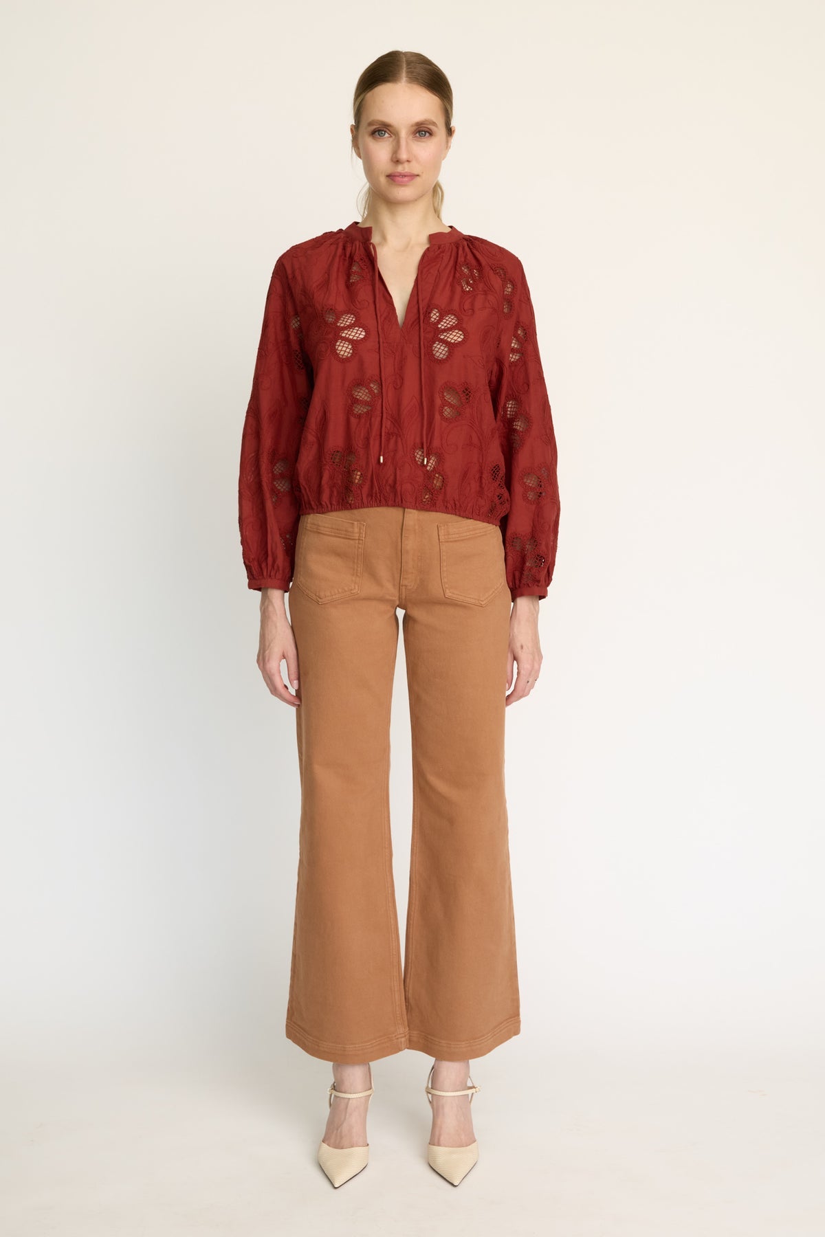 Dolly fired brick stretch lace top with split V-neckline and ties