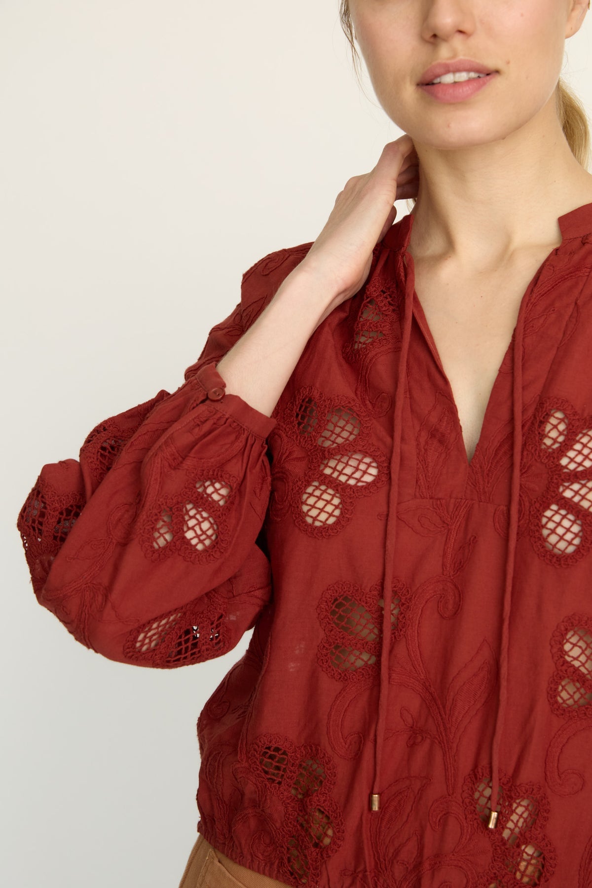 Dolly fired brick lace top, back view