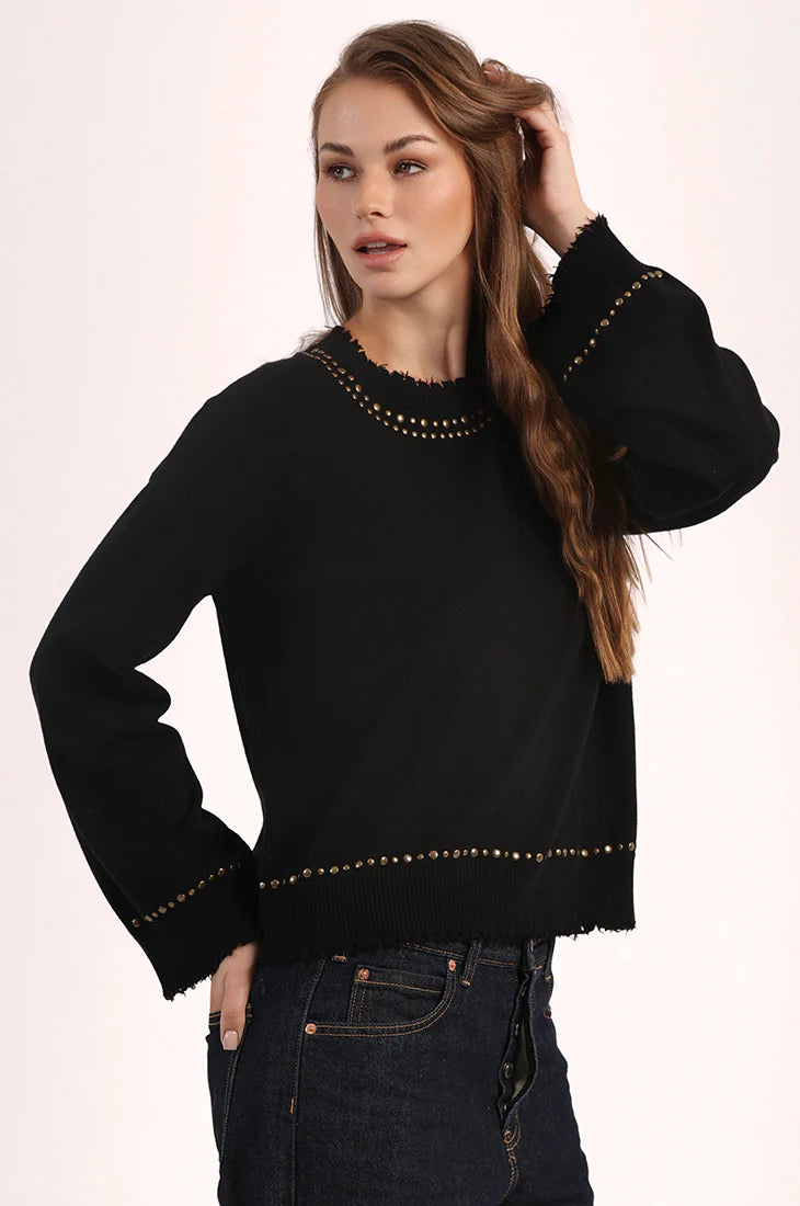 Cotton Cashmere Frayed Crew with Studs