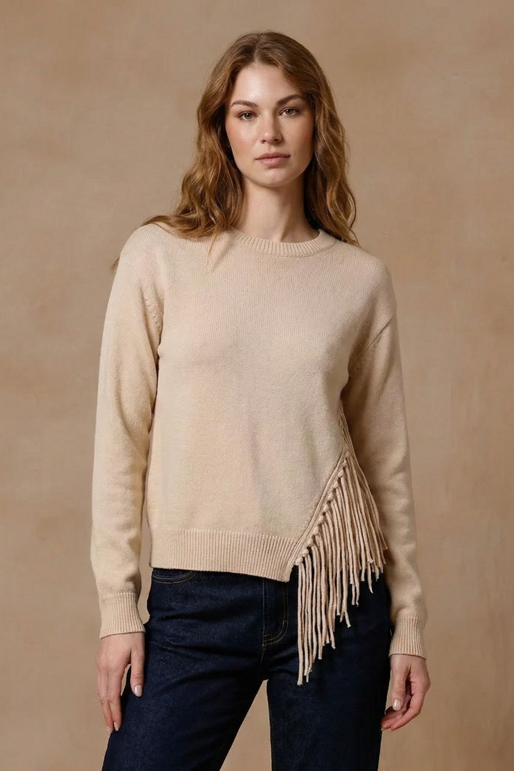Cotton Cashmere Fringe Trim Sweater