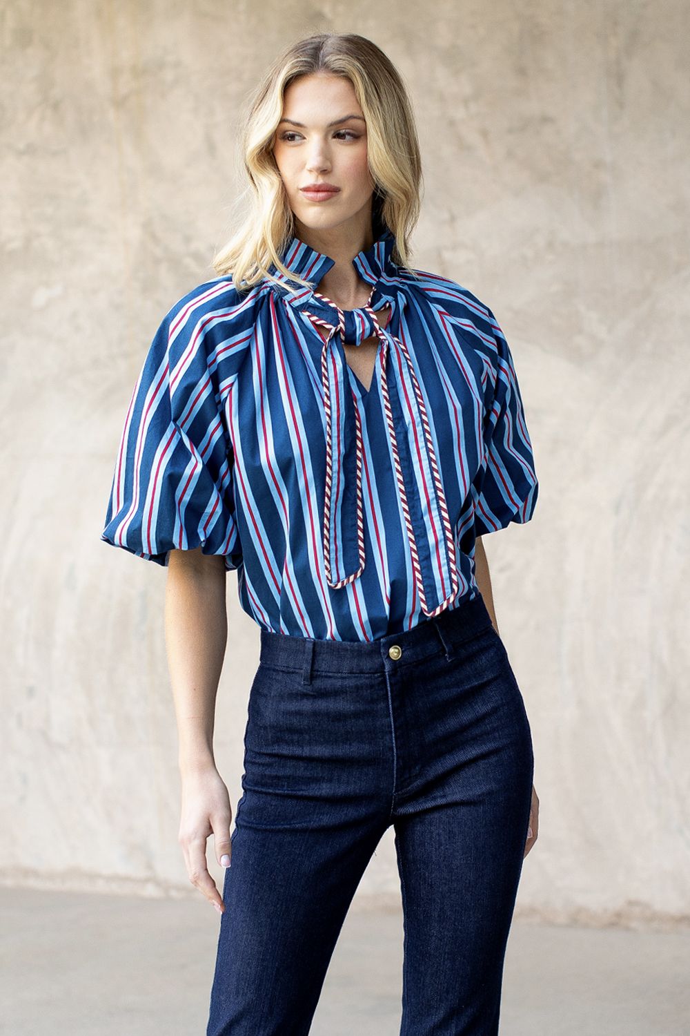 Kitt Striped Tie Neck Blouse