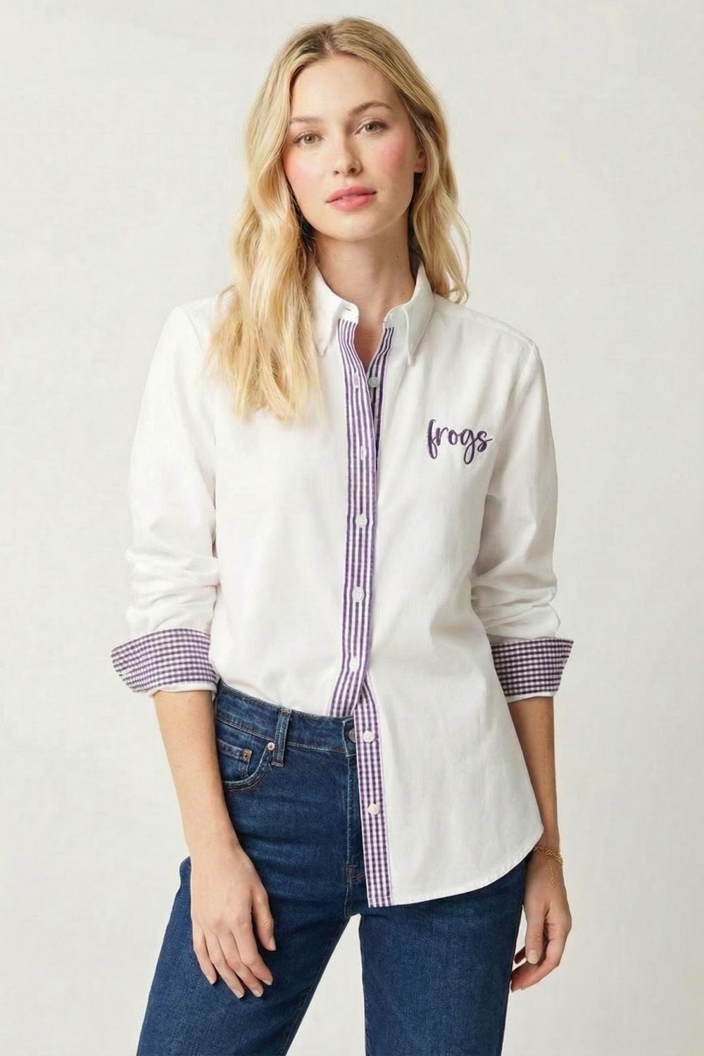 The Heritage Frogs Gingham-Trim Poplin Blouse