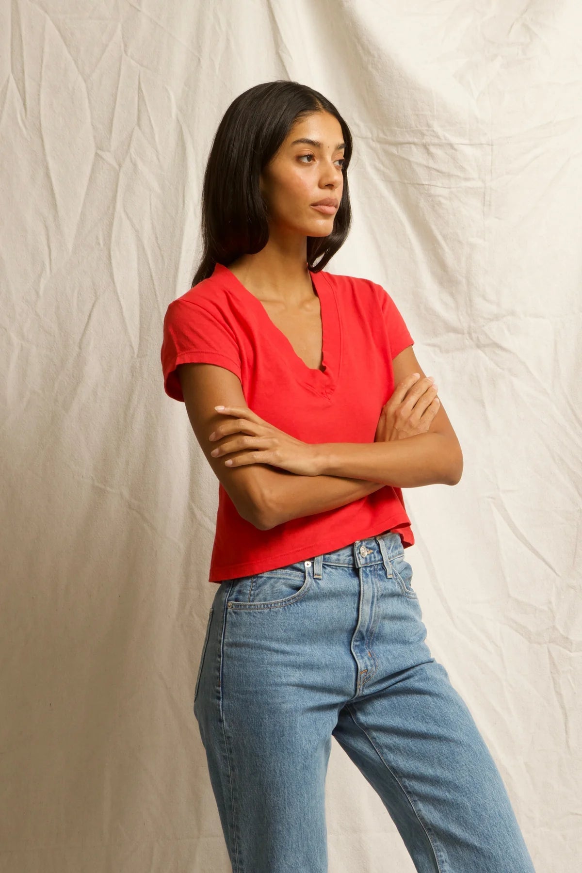 Alanis Recycled Cotton V - Neck Tee Poppy Red - perfectwhitetee - COLOR GAME