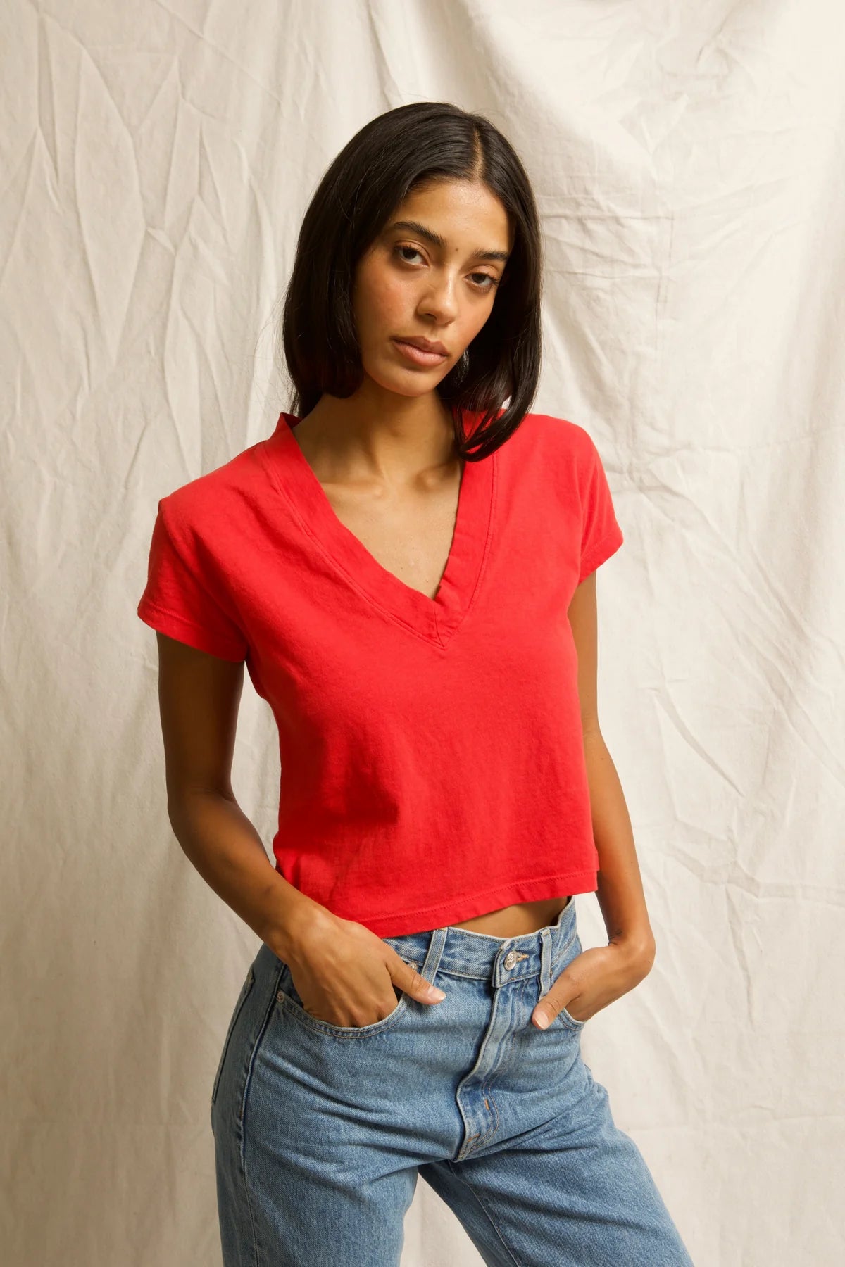 Alanis Recycled Cotton V - Neck Tee Poppy Red - perfectwhitetee - COLOR GAME