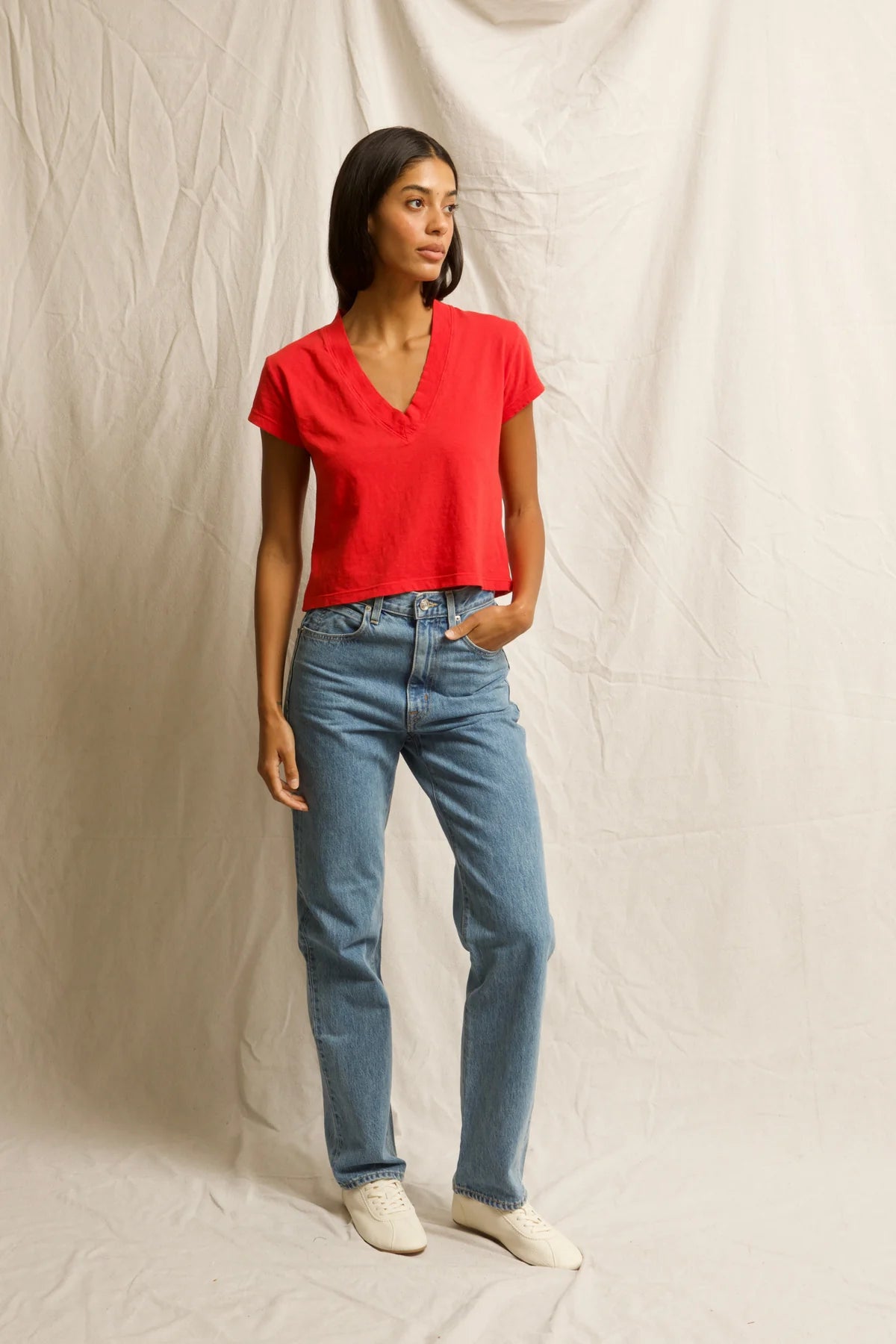 Alanis Recycled Cotton V - Neck Tee Poppy Red - perfectwhitetee - COLOR GAME