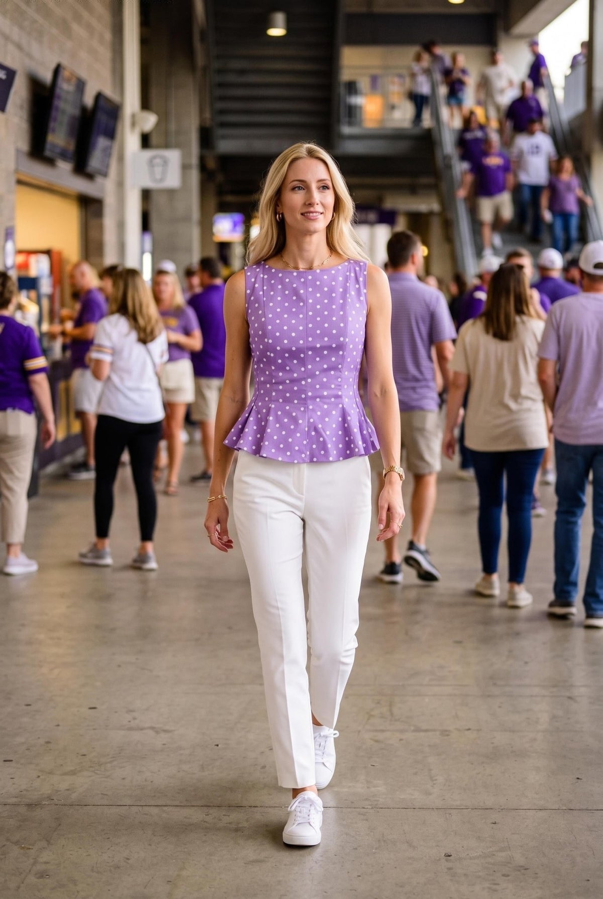 Annalisa Polka Dot Denim Peplum Top Purple