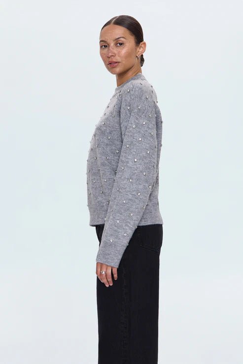 Aura Relaxed Crew Neck Embellished Sweater - Pistola - COLOR GAME