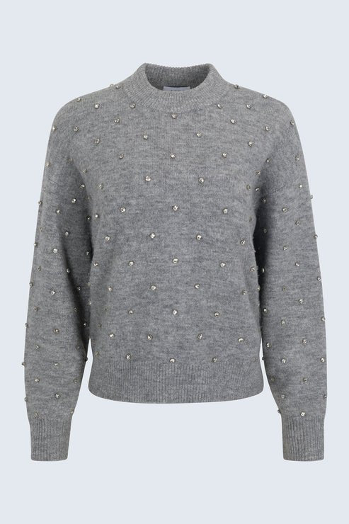 Aura Relaxed Crew Neck Embellished Sweater - Pistola - COLOR GAME