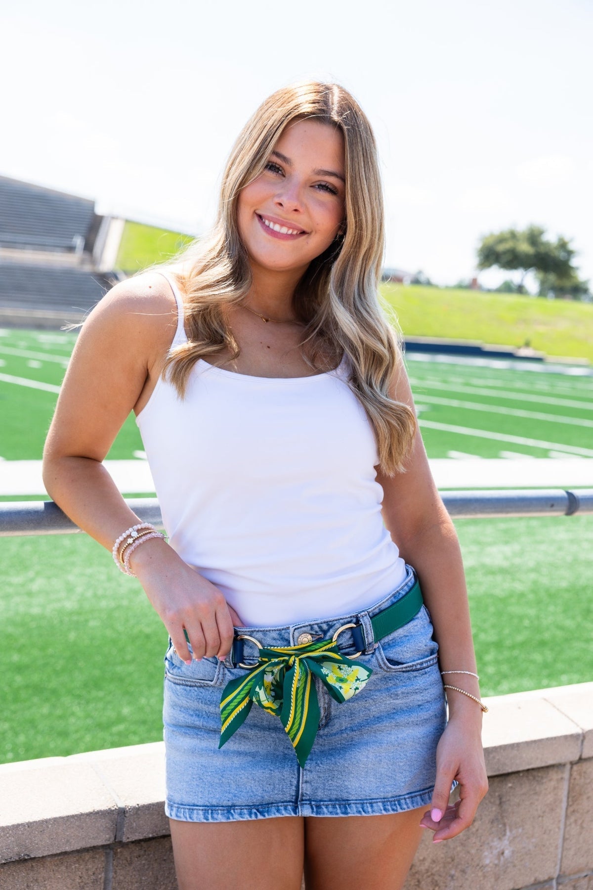 Baylor All-Star skinny scarf by Saturday Silks, styled with gold rope stripe reverse