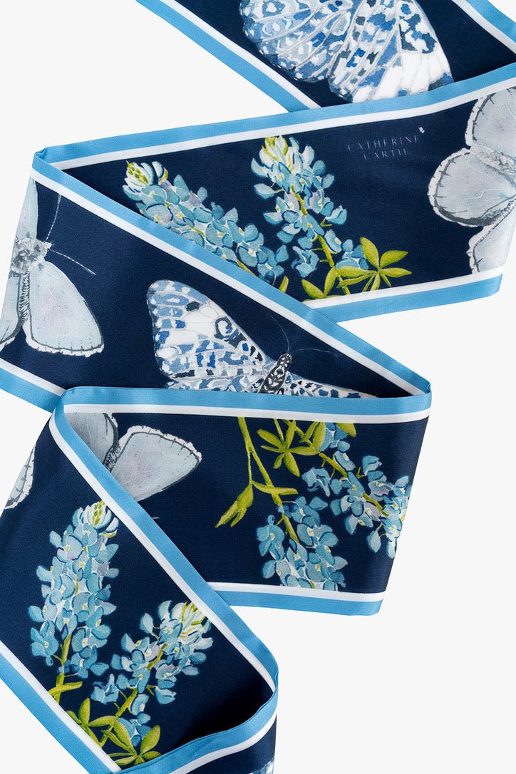 Blue butterfly silk ribbon scarf by Catherine Cartie