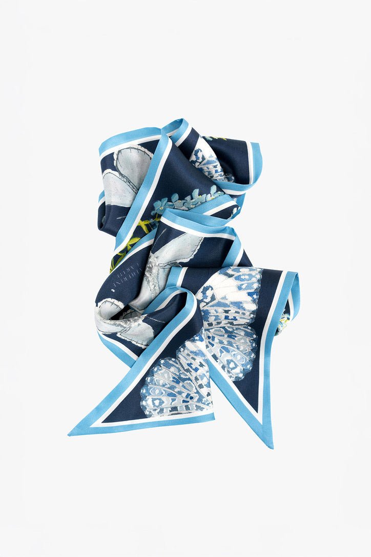 Blue butterfly silk ribbon scarf by Catherine Cartie, view 3