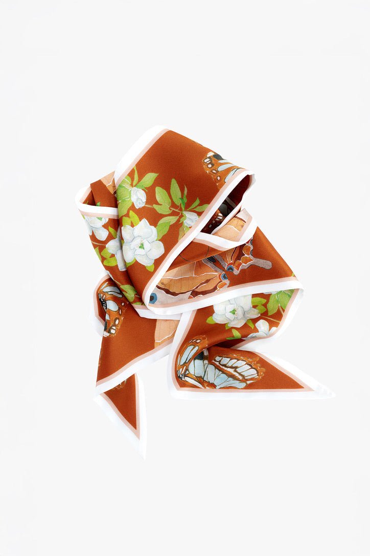 Burnt orange butterfly silk ribbon scarf by Catherine Cartie, view 4