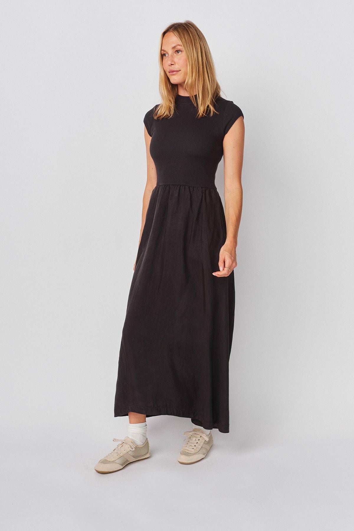 Cap Sleeve Mixed Rib Maxi Dress Black - Sundry - COLOR GAME