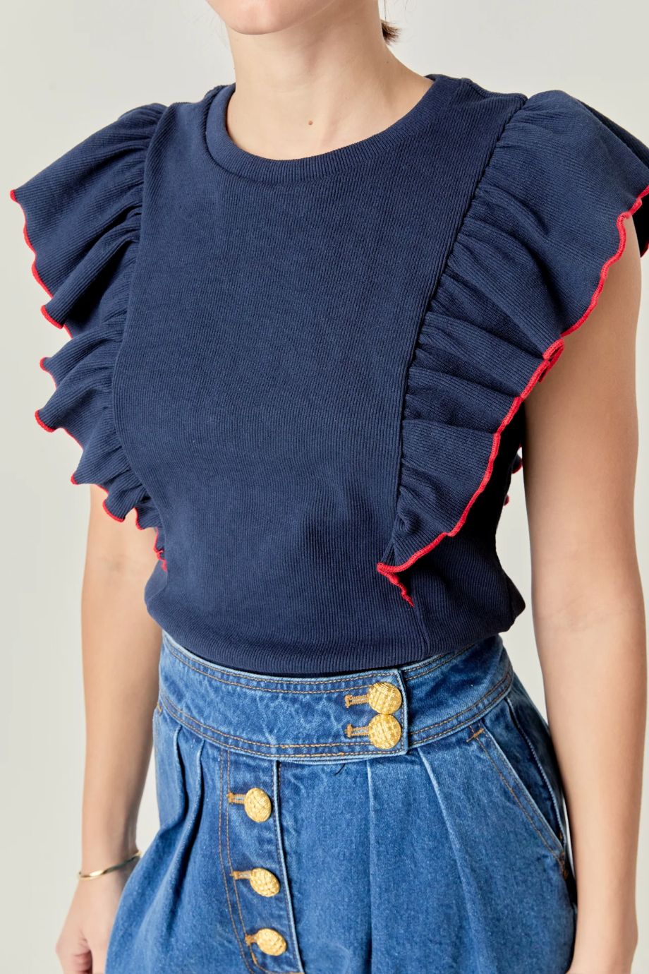 Contrast Merrow Detail Ruffled Knit Top - FINAL SALE - English Factory - COLOR GAME