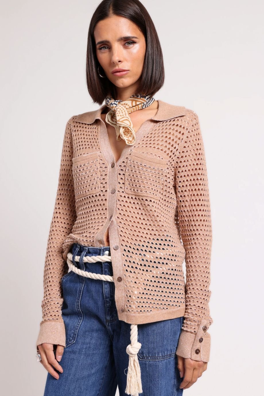 Cotton Cashmere Mesh Button Down Top - Minnie Rose - COLOR GAME