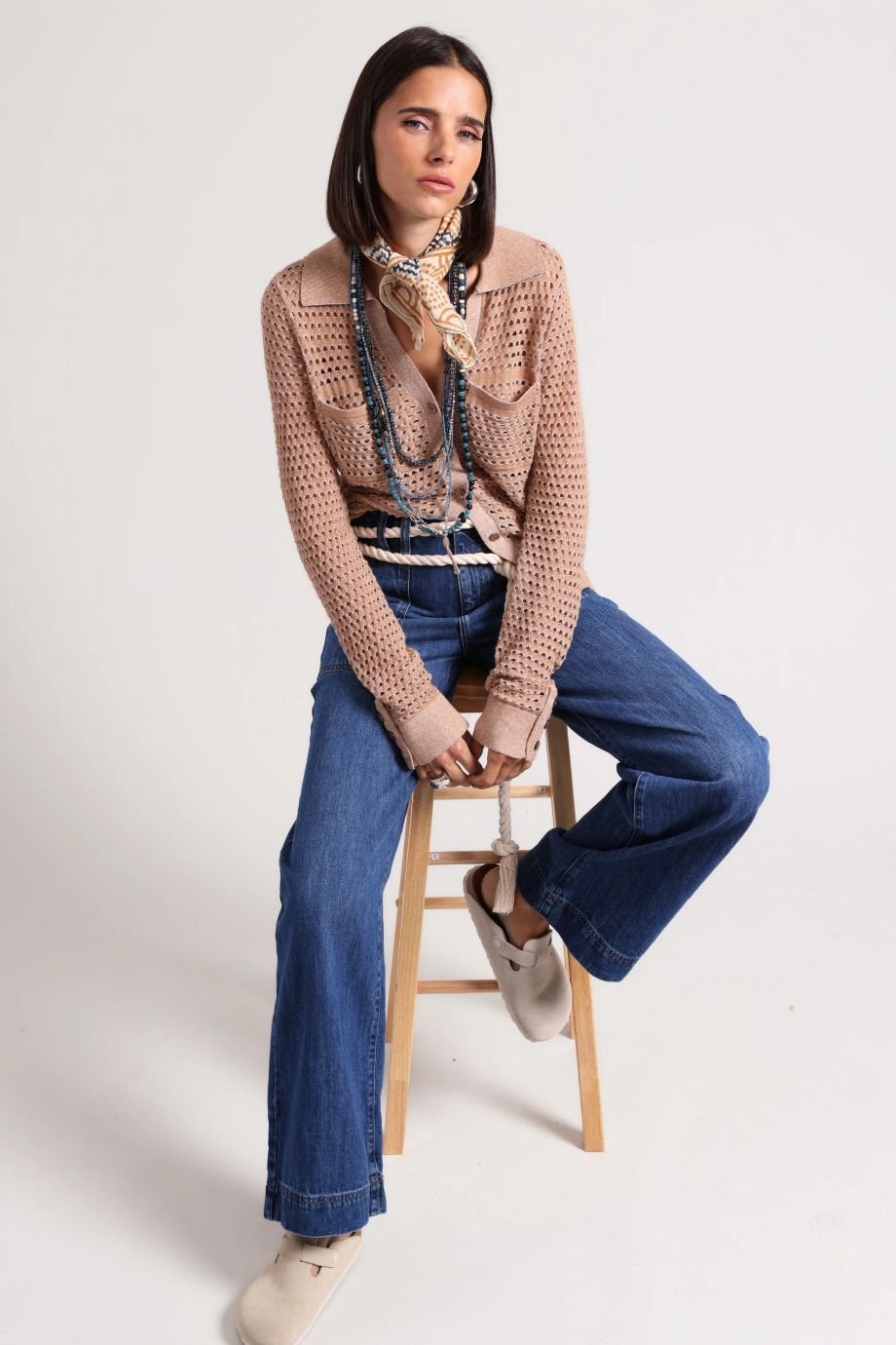 Cotton Cashmere Mesh Button Down Top - Minnie Rose - COLOR GAME