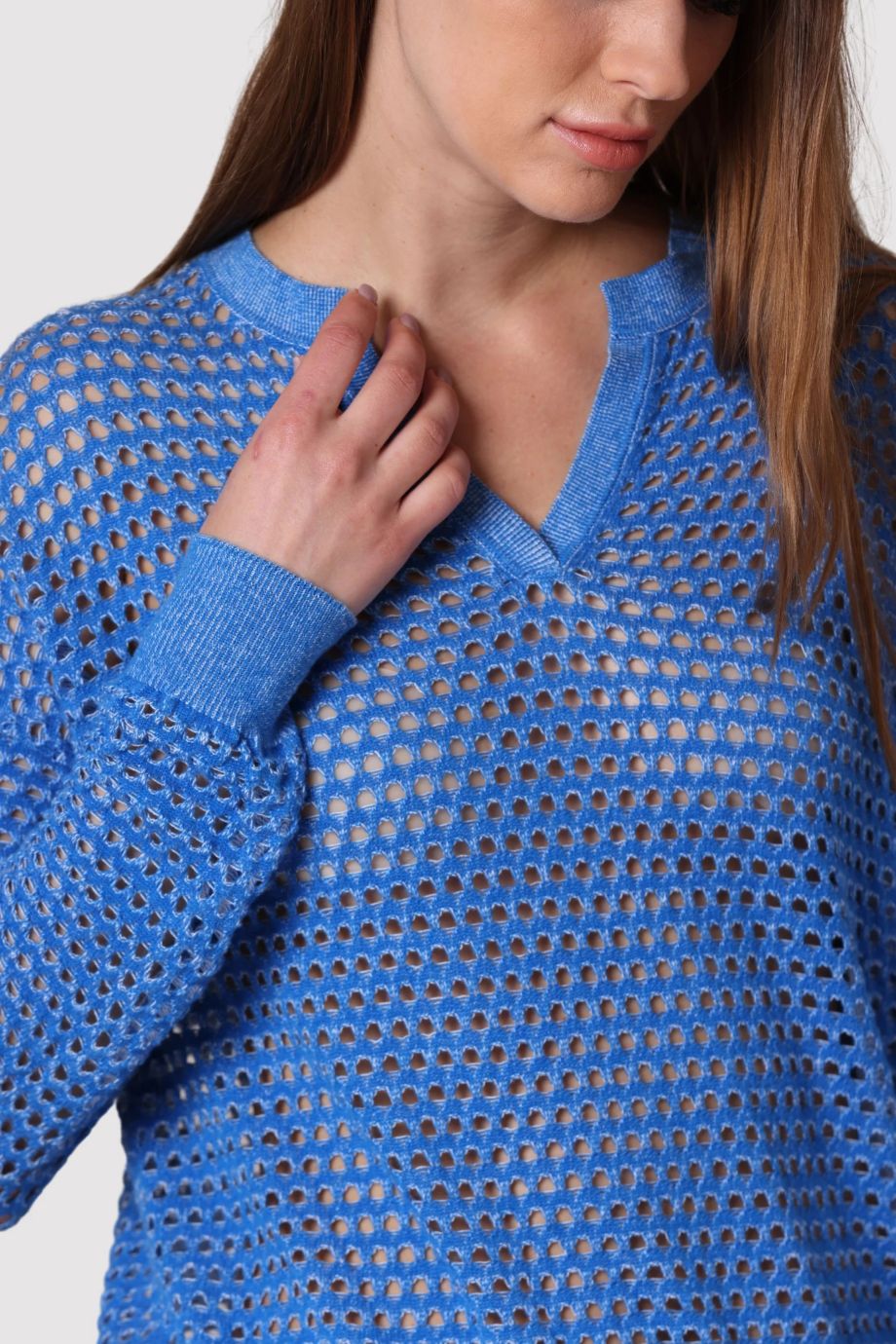 Cotton Cashmere Mesh Split Neck Top - Minnie Rose - COLOR GAME