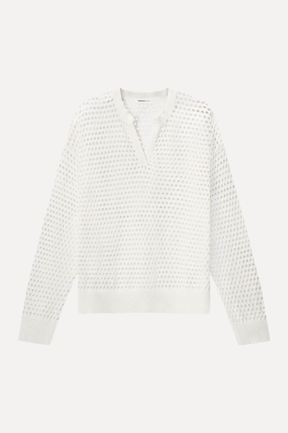 Cotton Cashmere Mesh Split Neck Top White - Minnie Rose - COLOR GAME