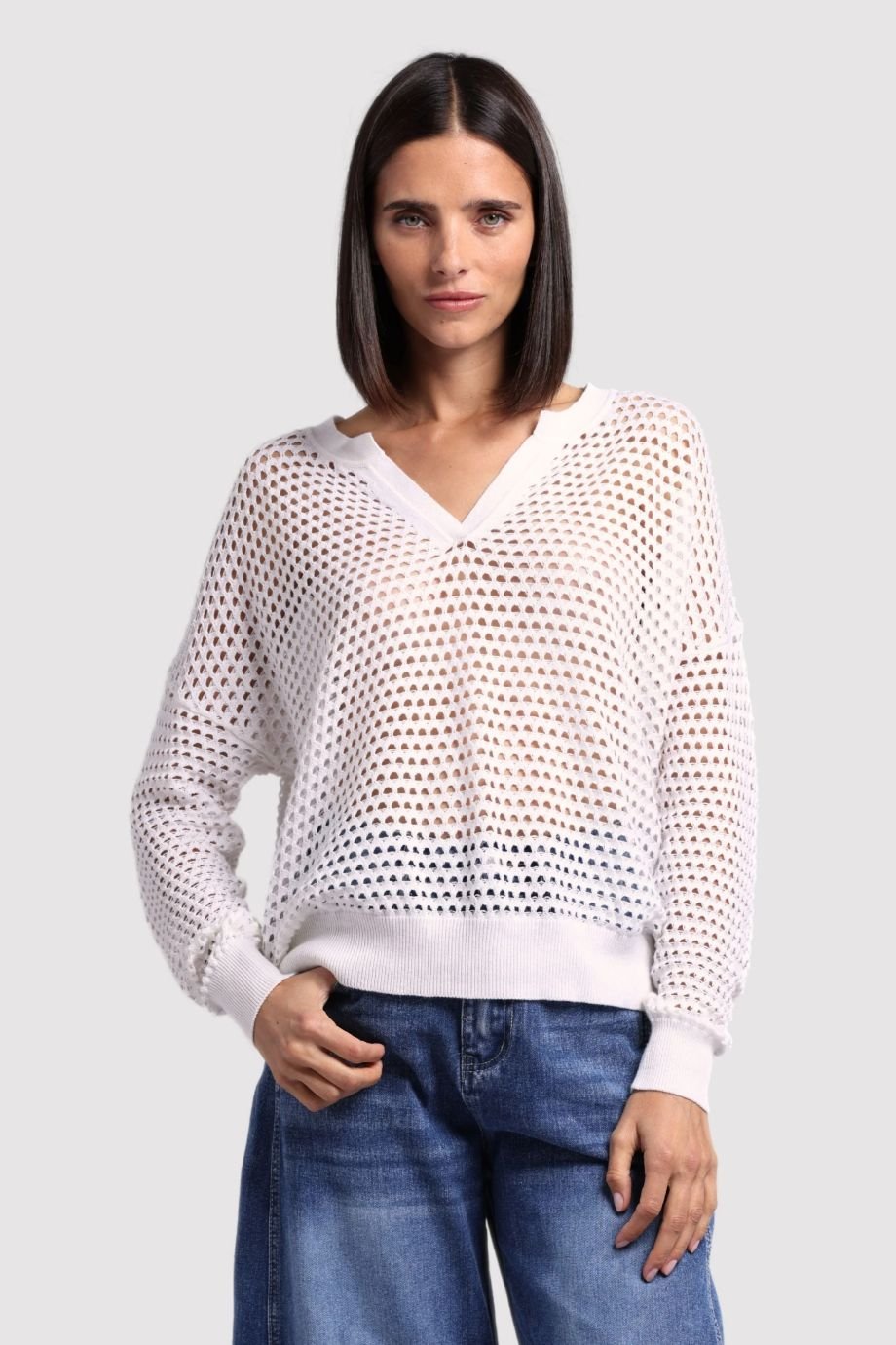 Cotton Cashmere Mesh Split Neck Top White - Minnie Rose - COLOR GAME