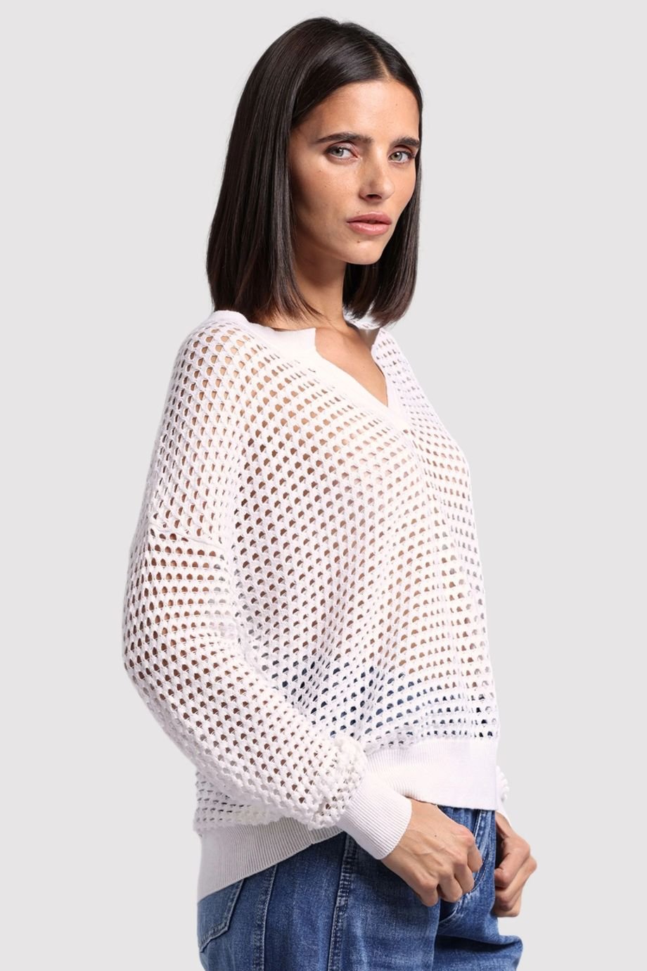 Cotton Cashmere Mesh Split Neck Top White - Minnie Rose - COLOR GAME