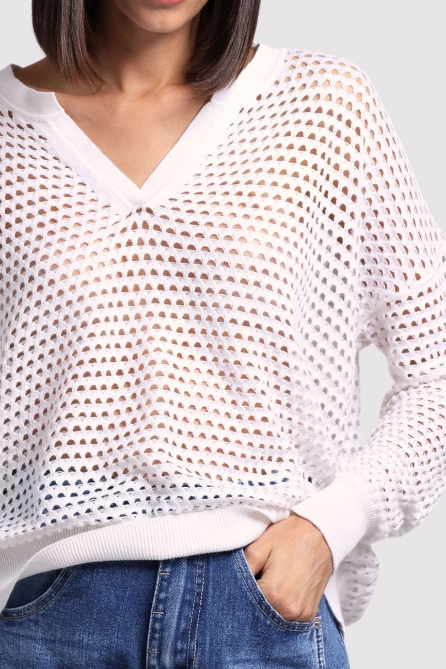 Cotton Cashmere Mesh Split Neck Top White - Minnie Rose - COLOR GAME
