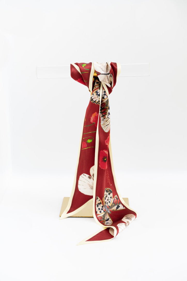 Crimson butterfly silk ribbon scarf by Catherine Cartie, view 5