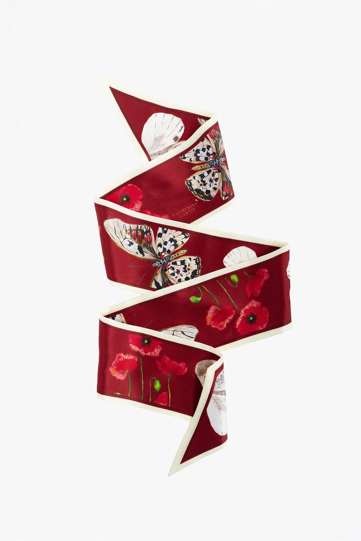 Crimson butterfly silk ribbon scarf by Catherine Cartie, view 2