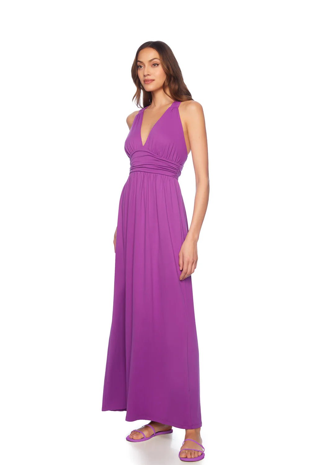 susana monaco purple dress Cross-Back Gathered Maxi Dress Bayberry