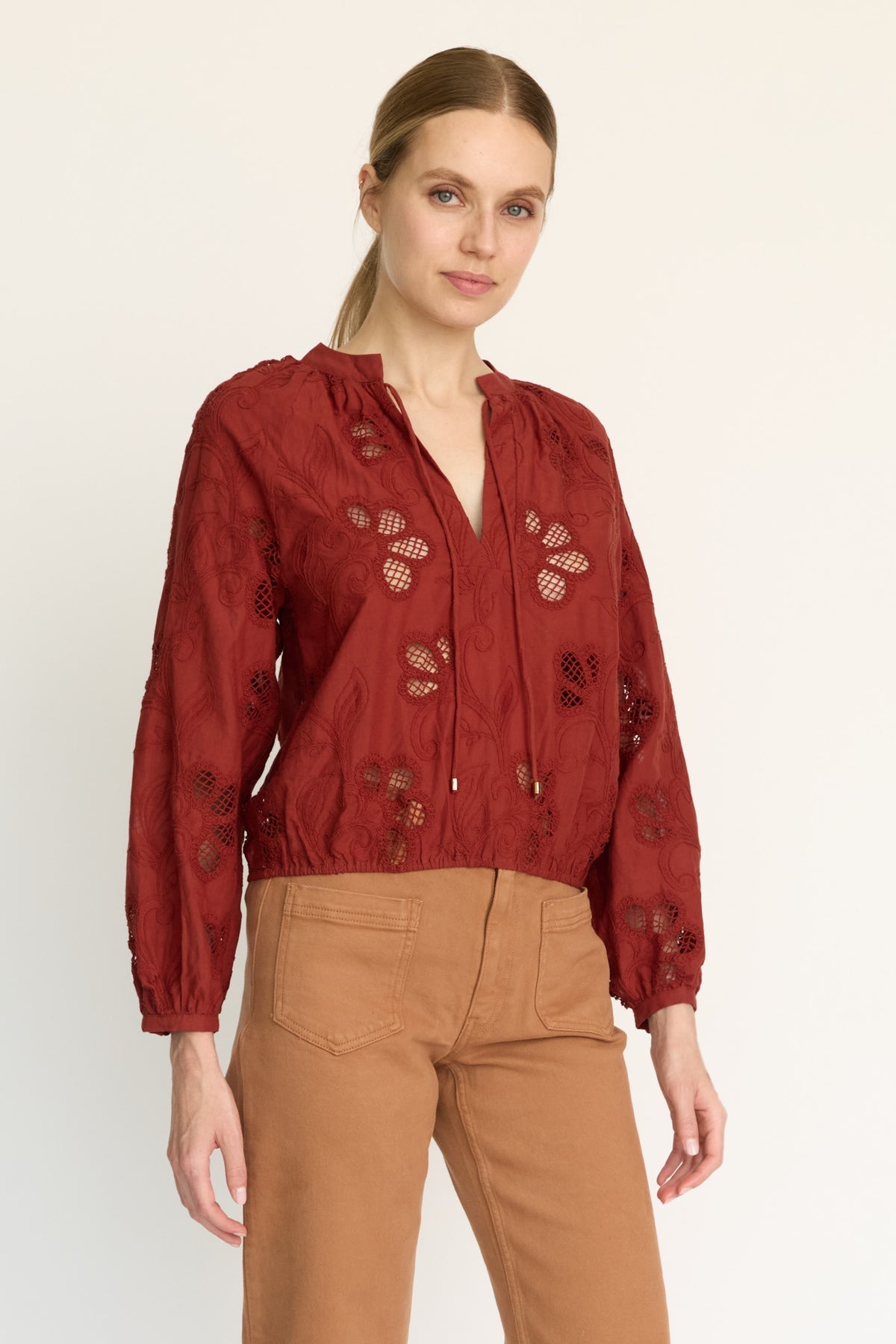 Dolly fired brick lace long sleeve top, front view
