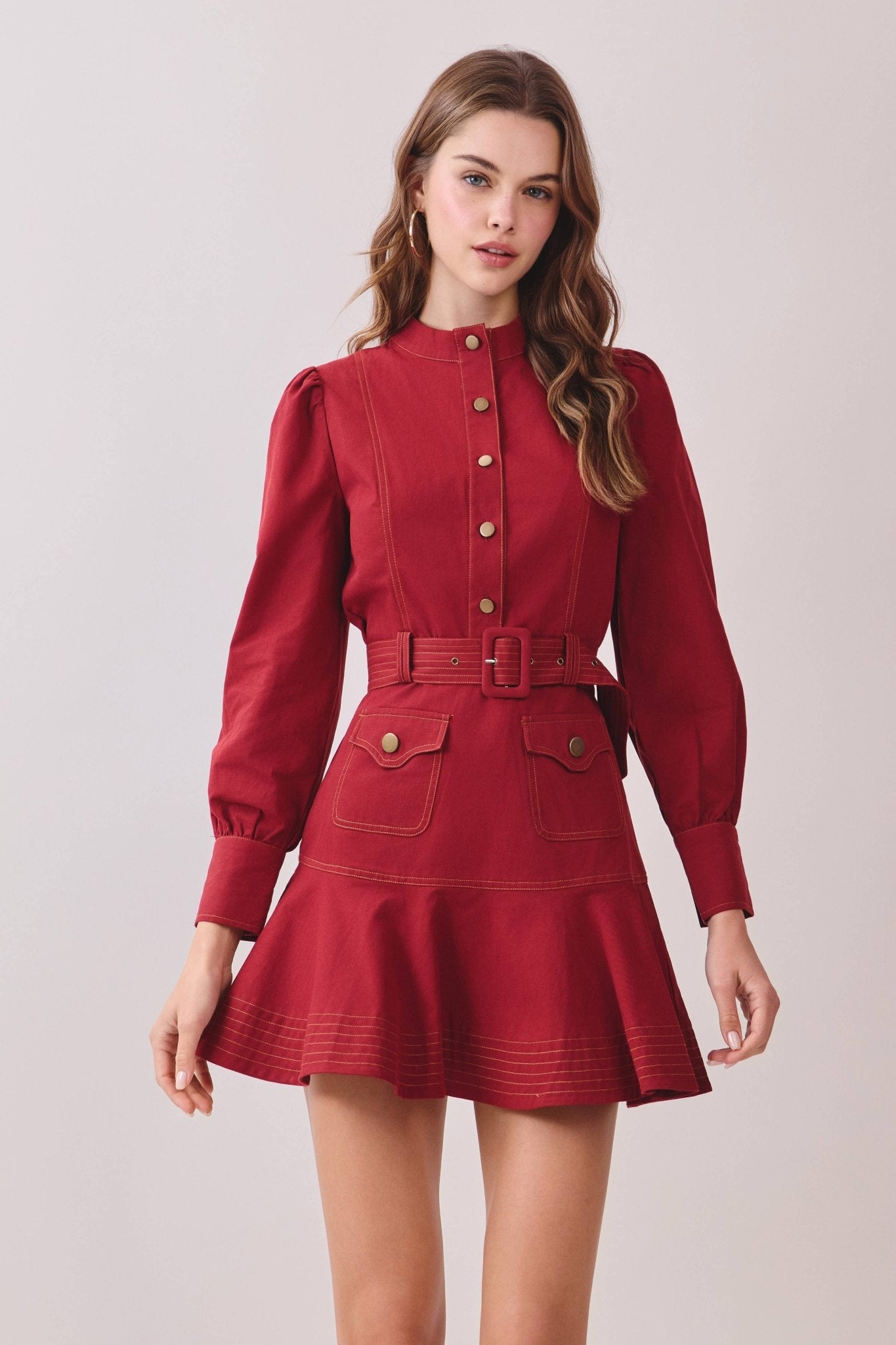 Emery Contrast Topstitching Mock Neck Dress L / Crimson