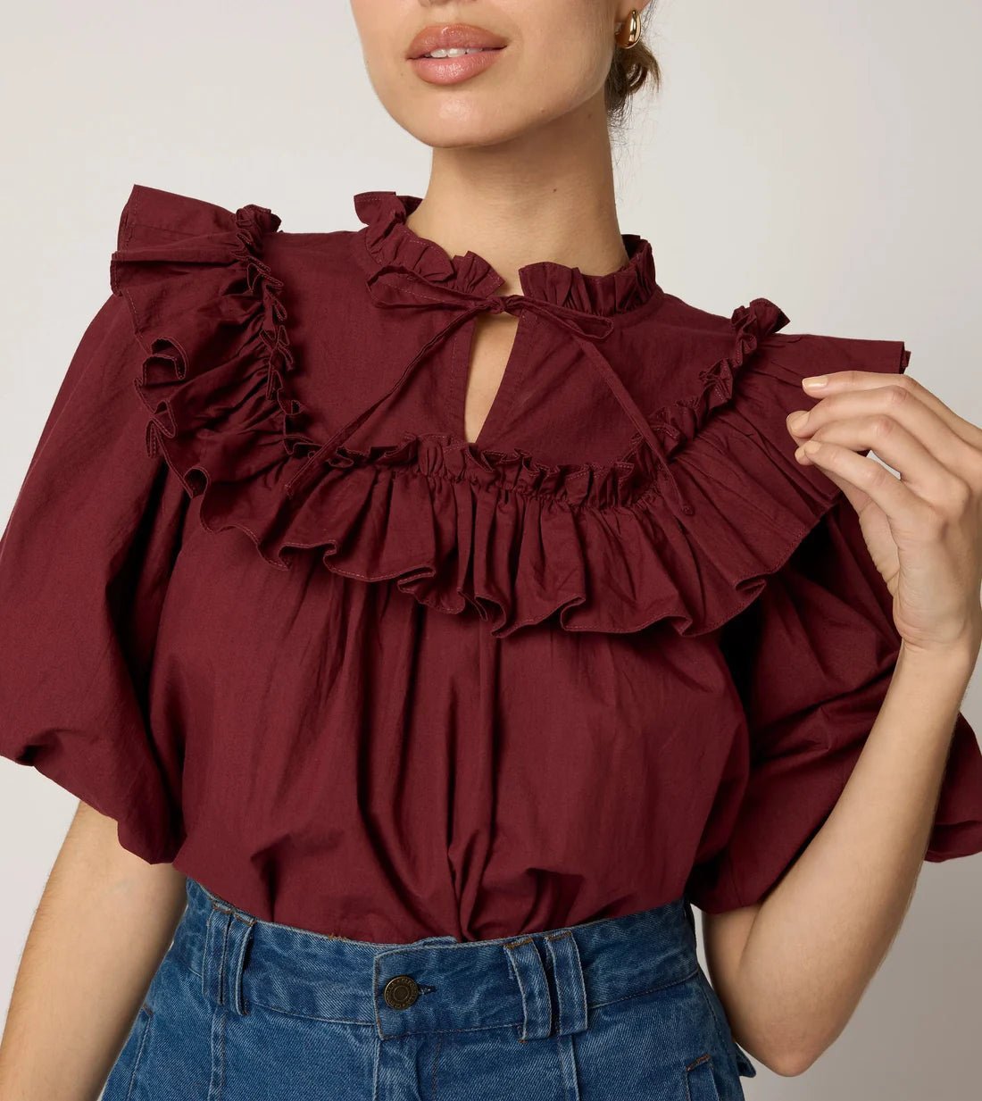 Janet Dark Crimson Ruffle Blouse - Cleobella - COLOR GAME