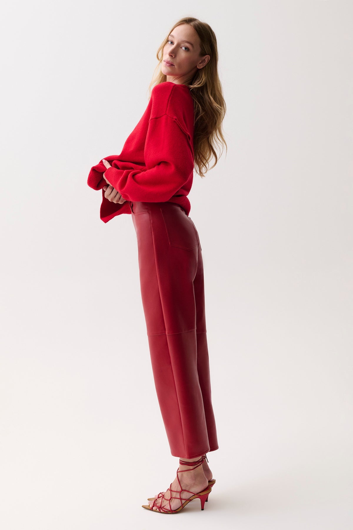 Jett Savvy Red Leather Bowed Straight Pant by Pistola