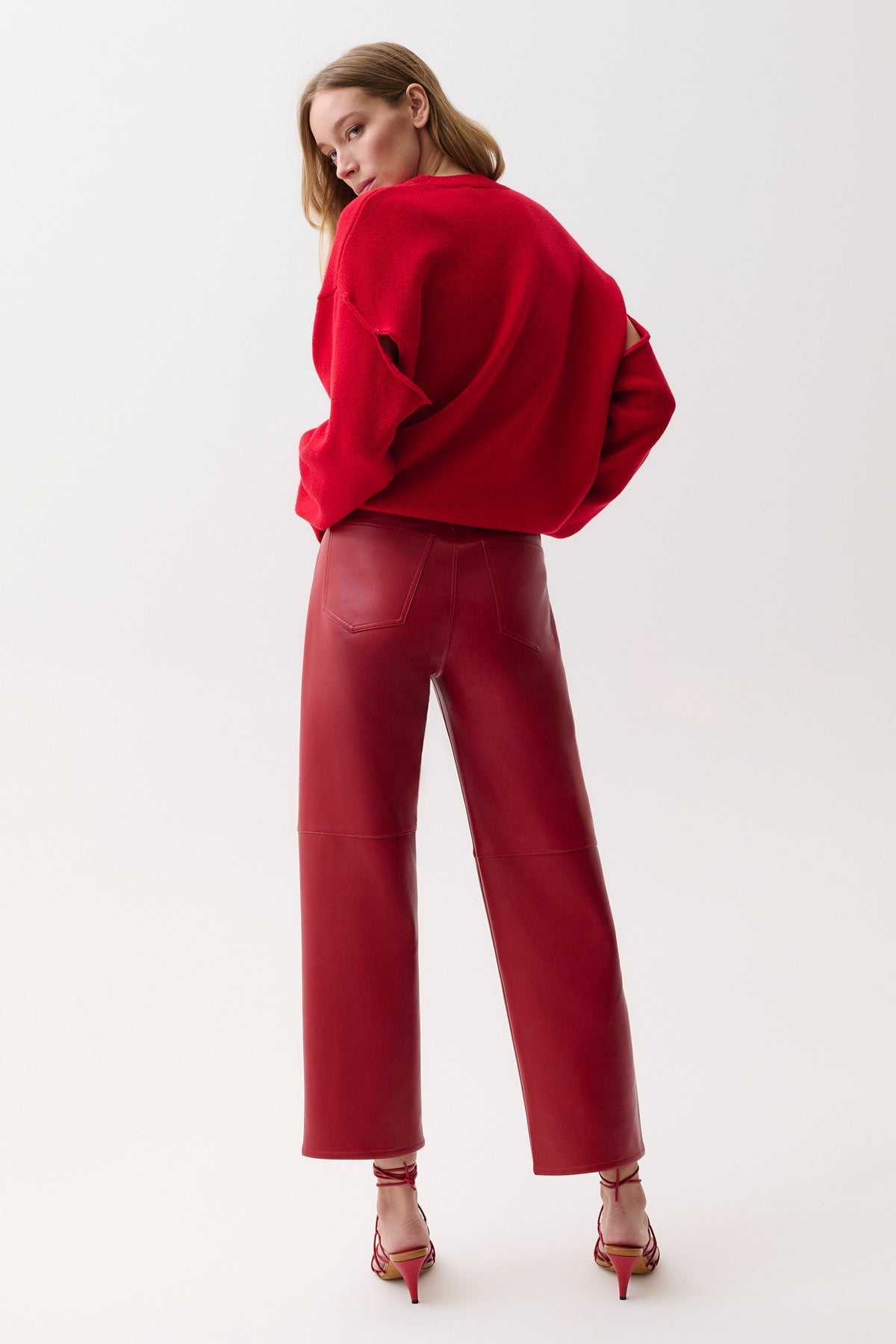 Jett Savvy Red Leather Bowed Straight Pant by Pistola