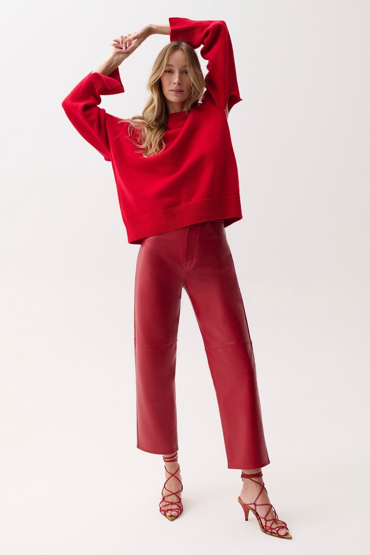 Jett Savvy Red Leather Bowed Straight Pant by Pistola