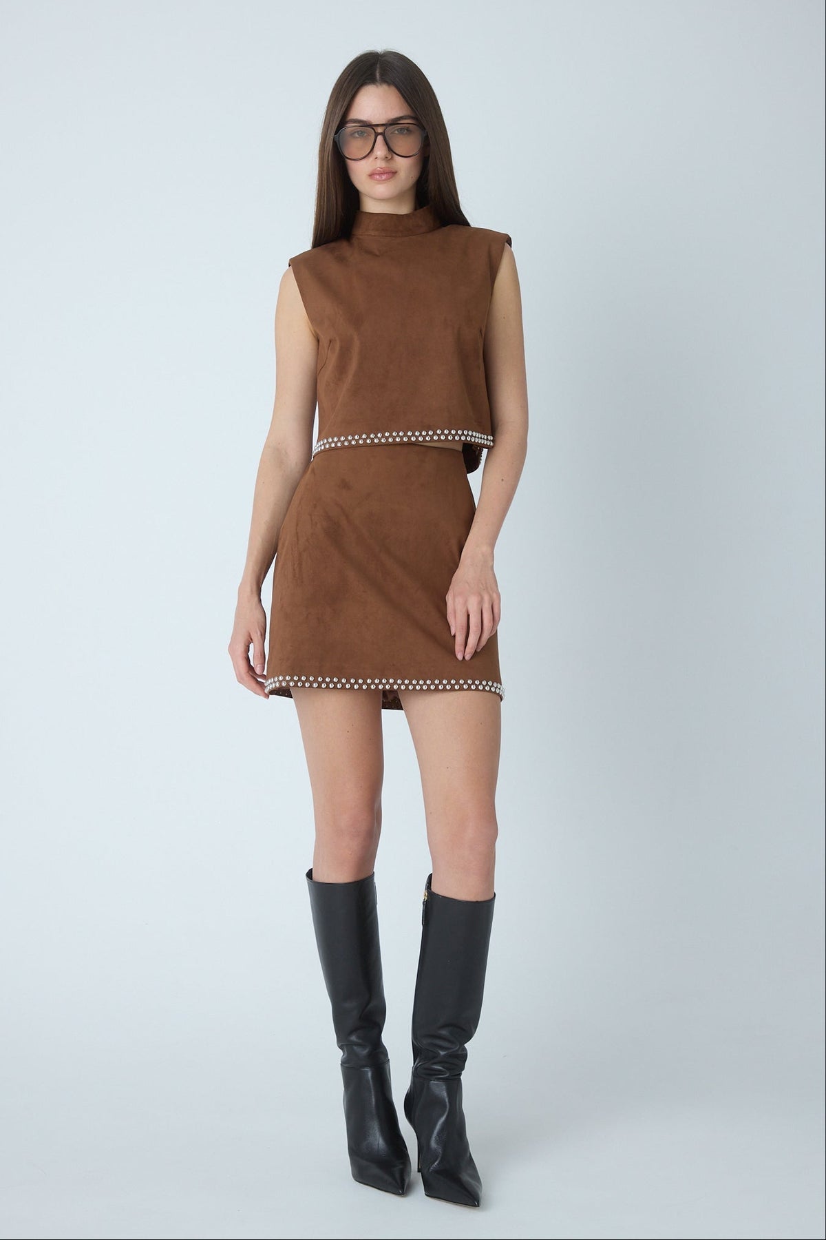 Kally copper faux suede set, side view