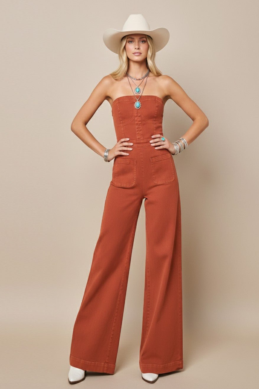 Langley Strapless Wide Leg Jumpsuit Terracotta - Color Game - COLOR GAME