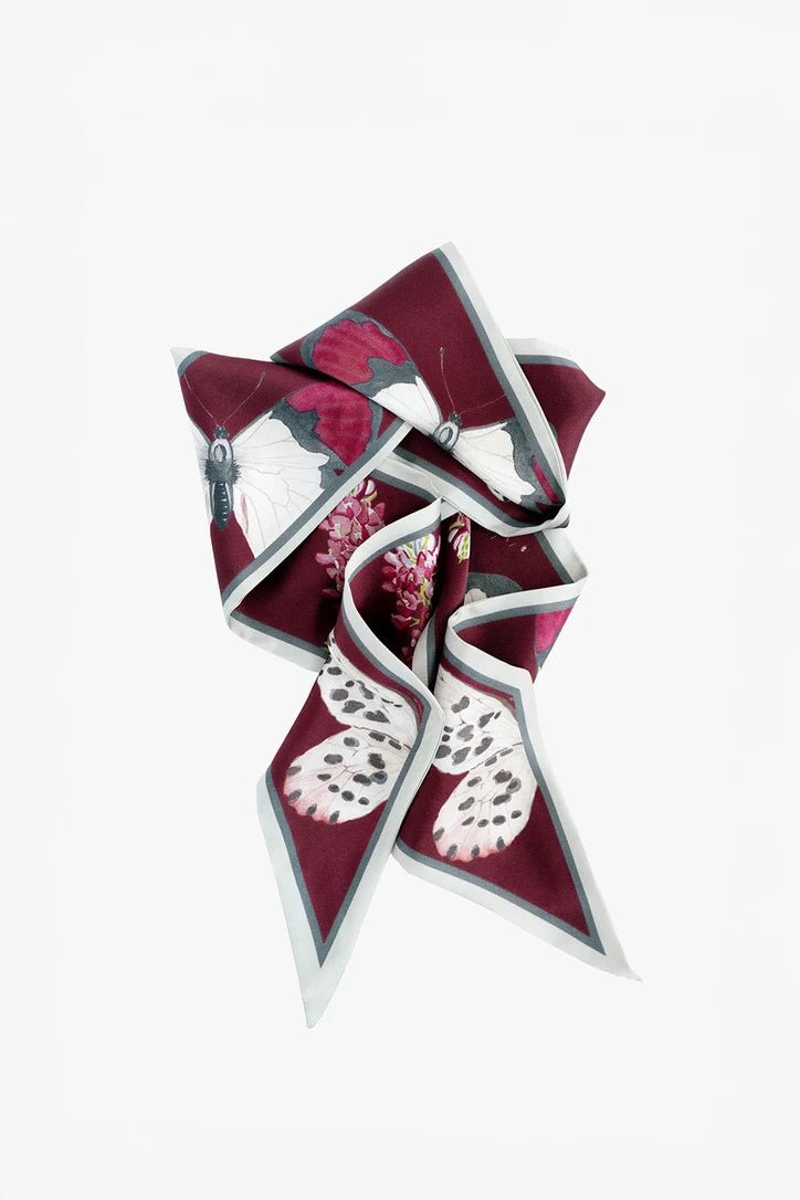 Maroon butterfly silk ribbon scarf by Catherine Cartie, view 3