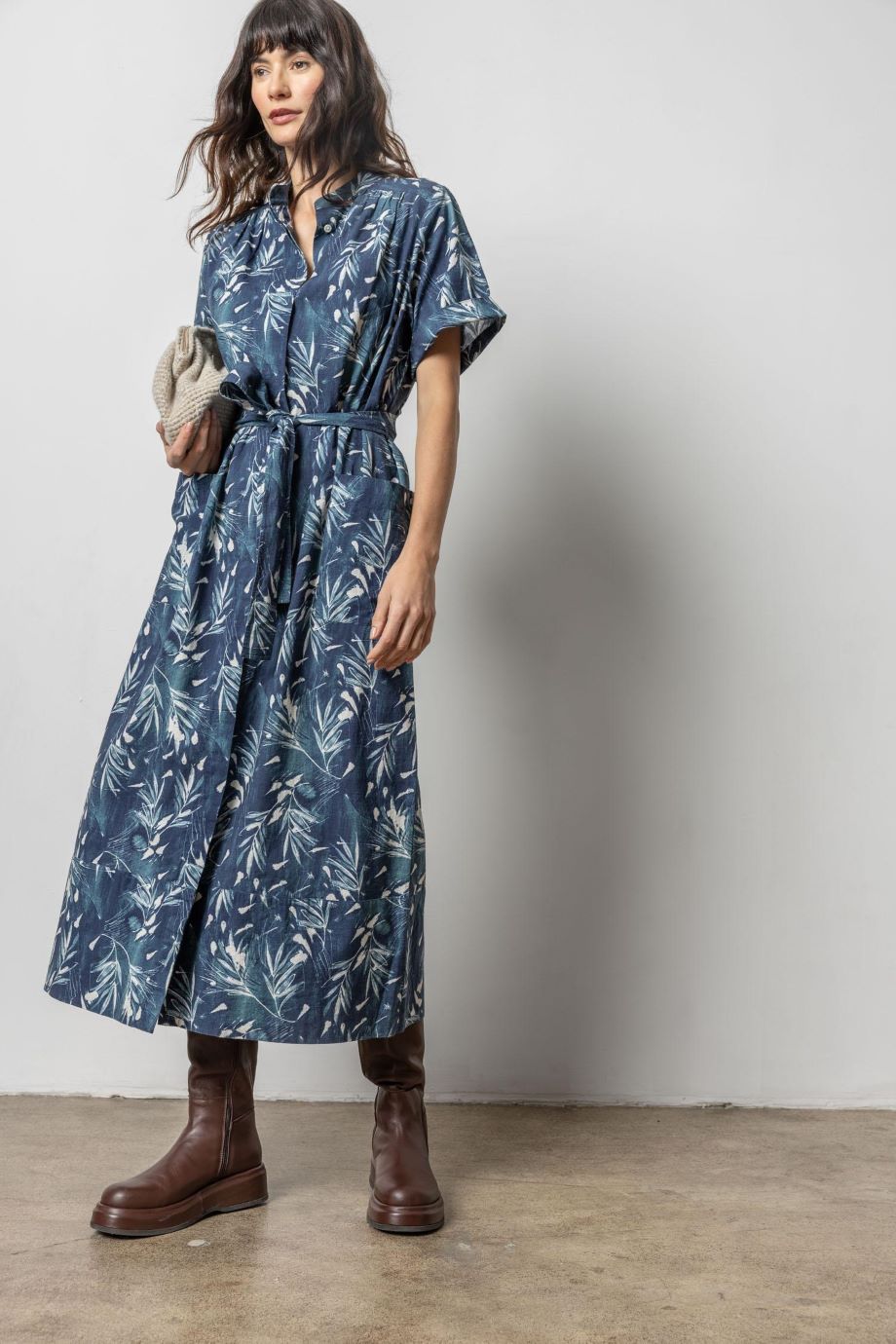 maxi button down shirt dress Maxi Button Down Dress Petrol/Ivory Print / Small