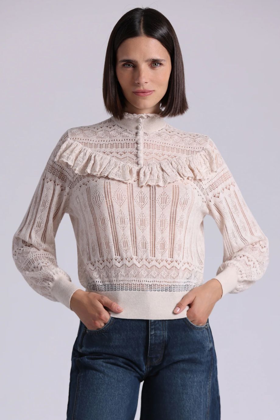 Mock Neck Lace Top With Ruffle Detail - Minnie Rose - COLOR GAME
