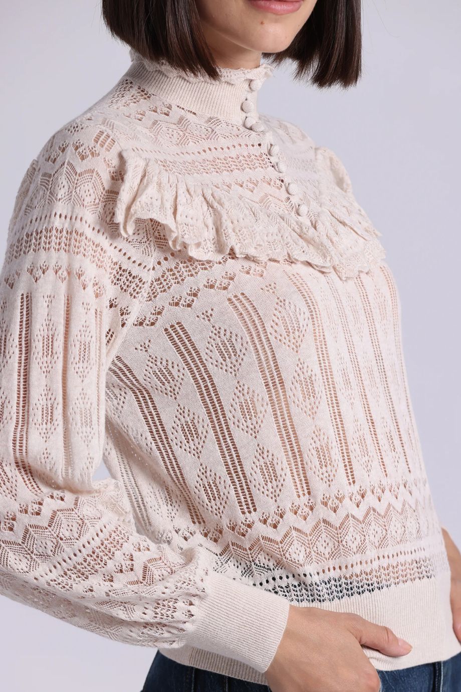 Mock Neck Lace Top With Ruffle Detail - Minnie Rose - COLOR GAME