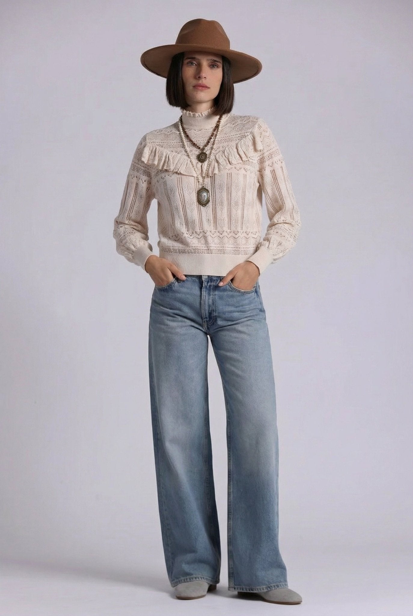 Mock Neck Lace Top With Ruffle Detail - Minnie Rose - COLOR GAME