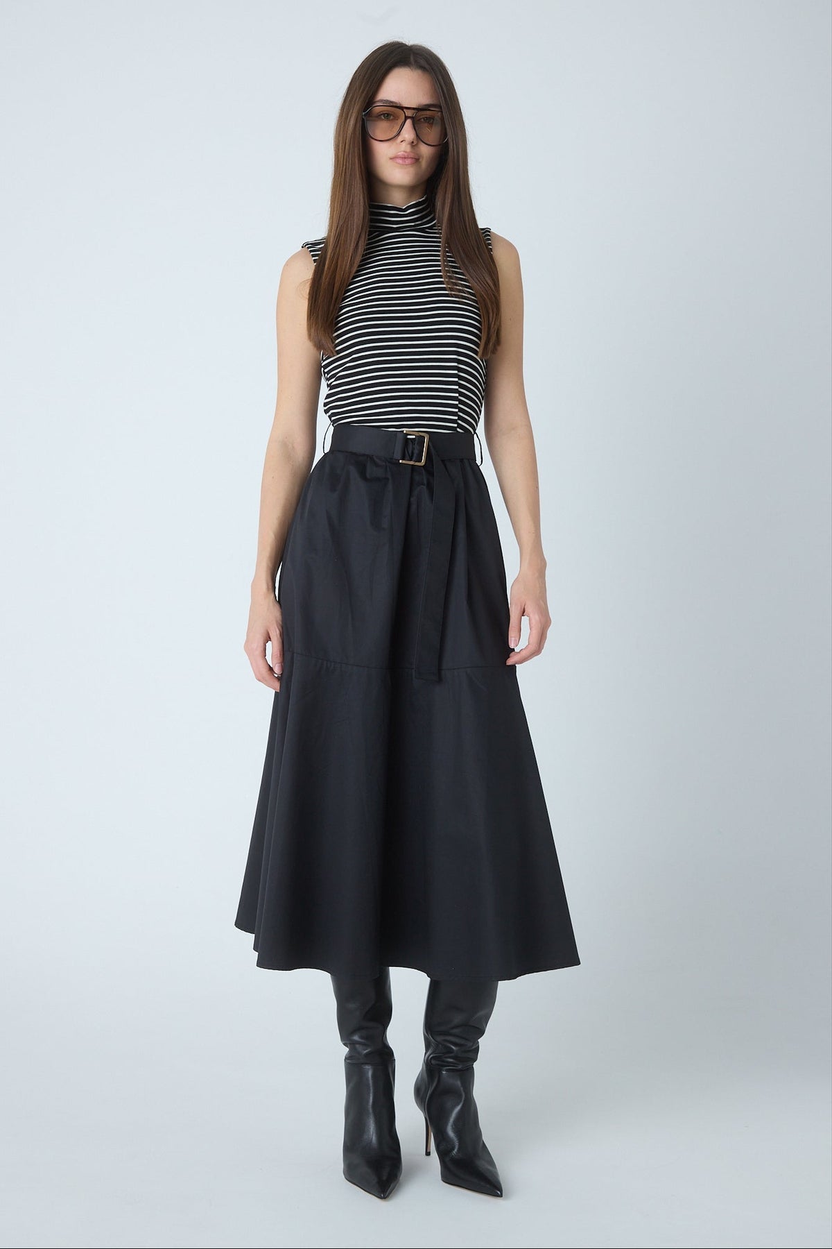 Nara black sleeveless mock neck dress with cotton poplin skirt, front view