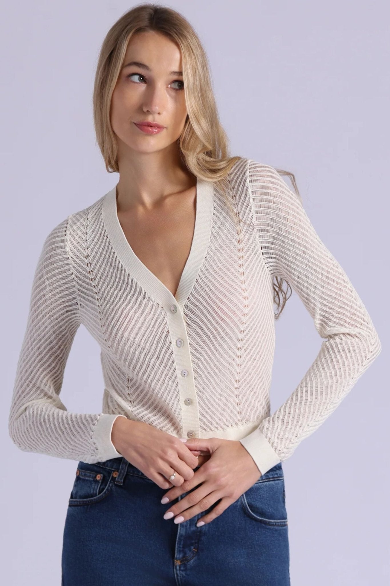 Open Pointelle Cropped Cardigan Starch - Minnie Rose - COLOR GAME