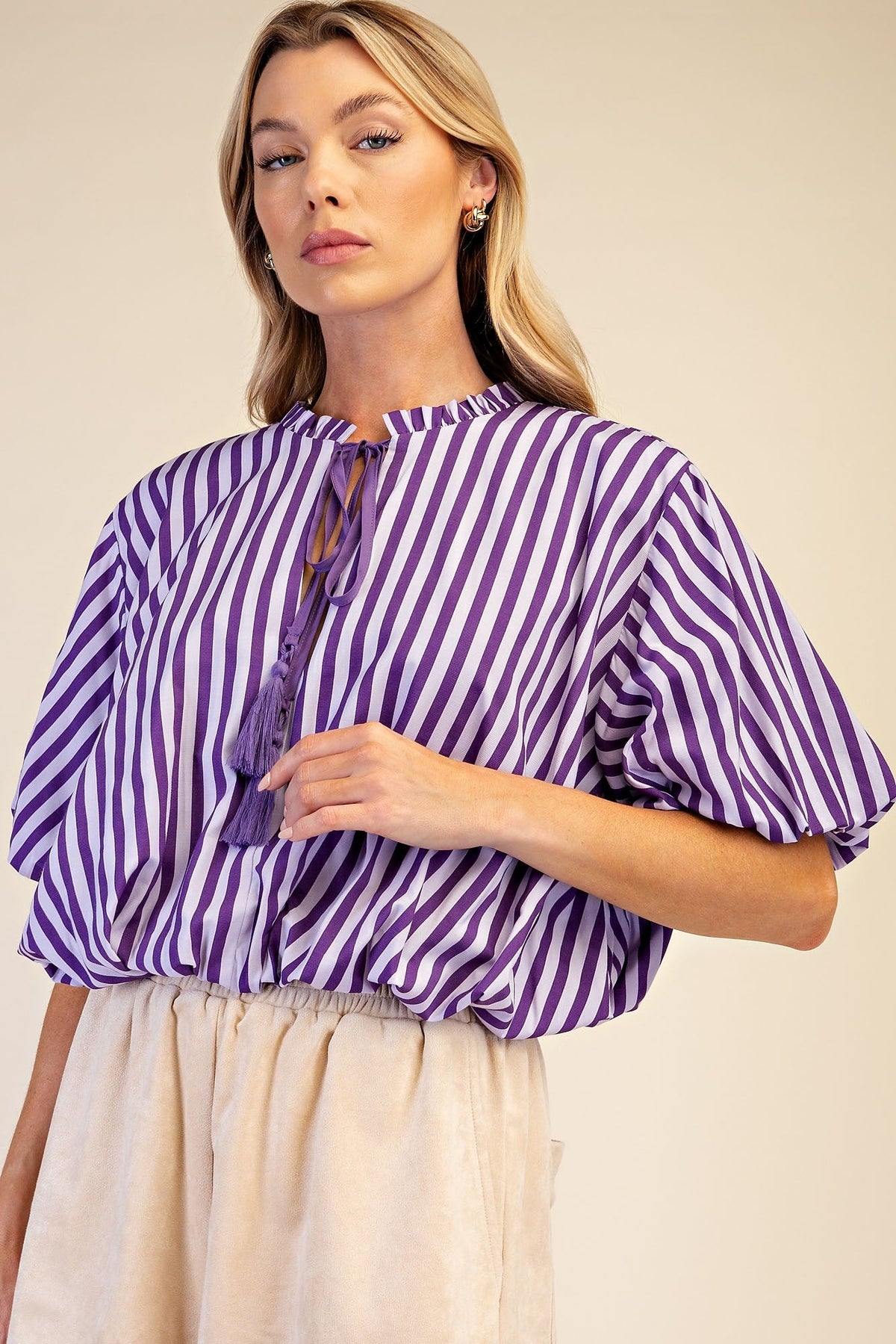 Paola Purple Stripe Tassel Tie Top - Color Game - COLOR GAME