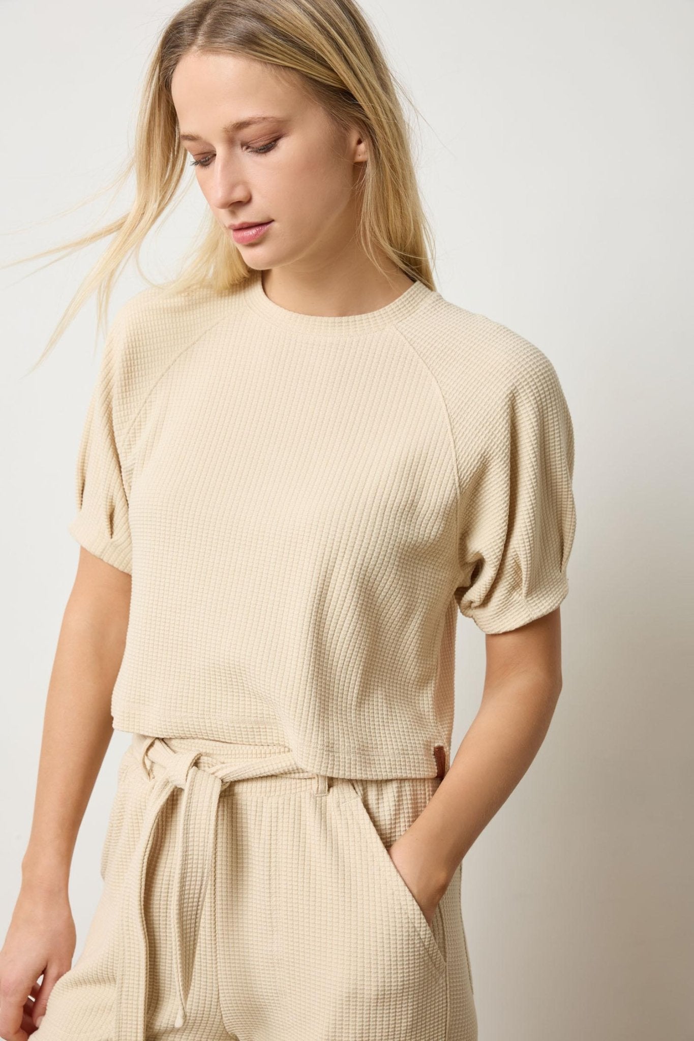 Pleated Sleeve Waffle Knit Top - Lilla P - COLOR GAME