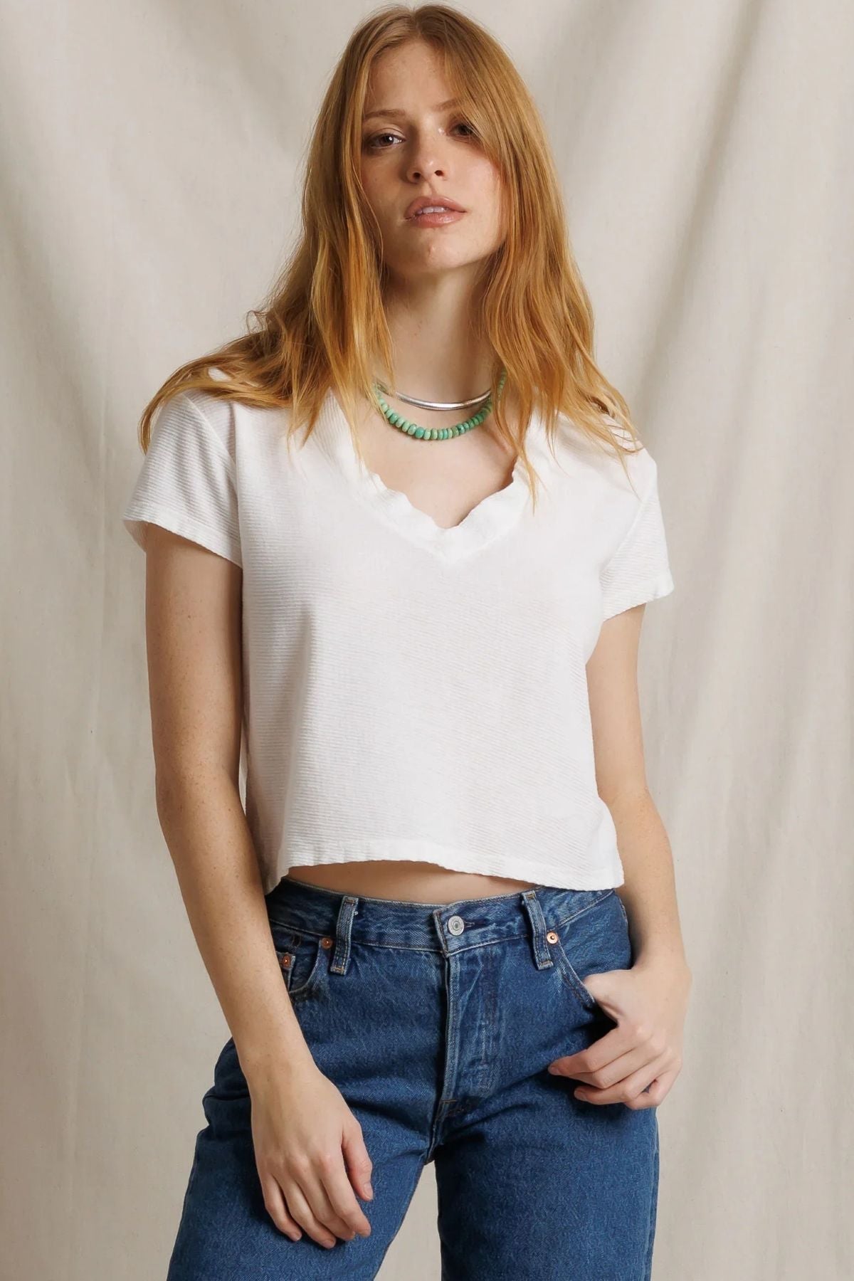Reed Textured Jersey V-Neck Tee Natural - perfectwhitetee - COLOR GAME