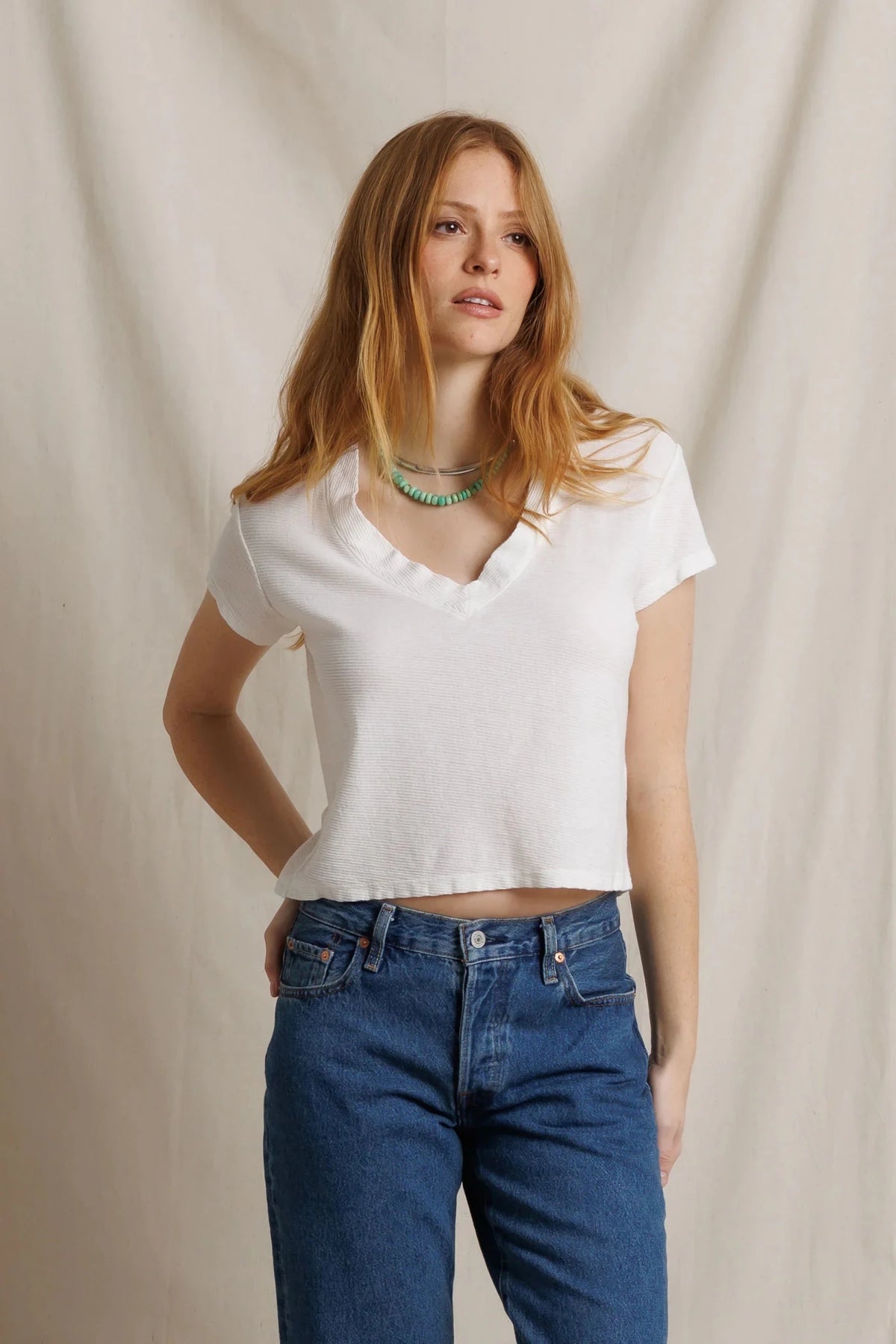 Reed Textured Jersey V-Neck Tee Natural - perfectwhitetee - COLOR GAME
